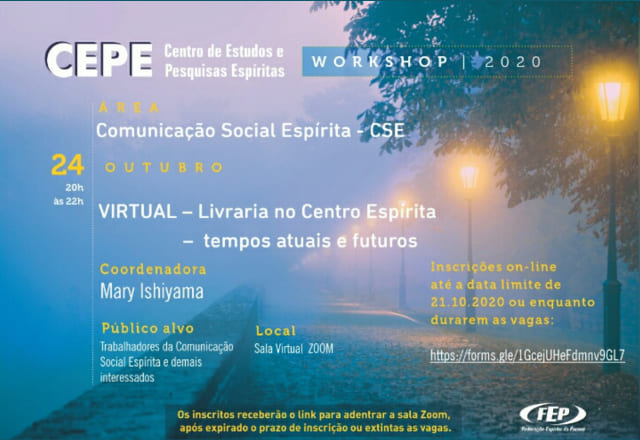 Workshop do CEPE - "Livraria no Centro Espírita - tempos atuais e futuros" - 24 de outubro de 2020 1