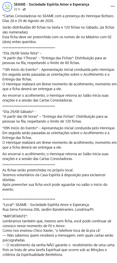Cartas Consoladoras - Psicografia - SEAME - Londrina - 28 e 29 de agosto de 2026 2 Cartas Consoladoras - Psicografia - SEAME - Londrina - 28 e 29 de agosto de 2026 2